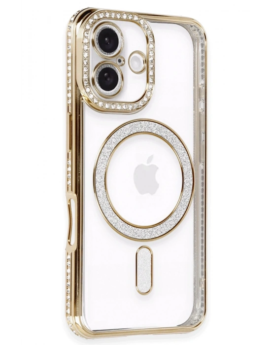 Newface iPhone 16 Plus Kılıf Joke Simli Magneticsafe Kılıf - Gold