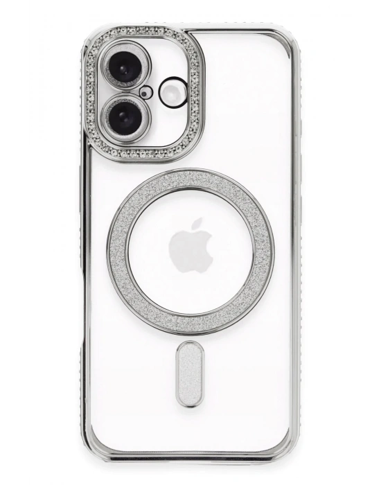 Newface iPhone 16 Plus Kılıf Joke Simli Magneticsafe Kılıf - Gümüş