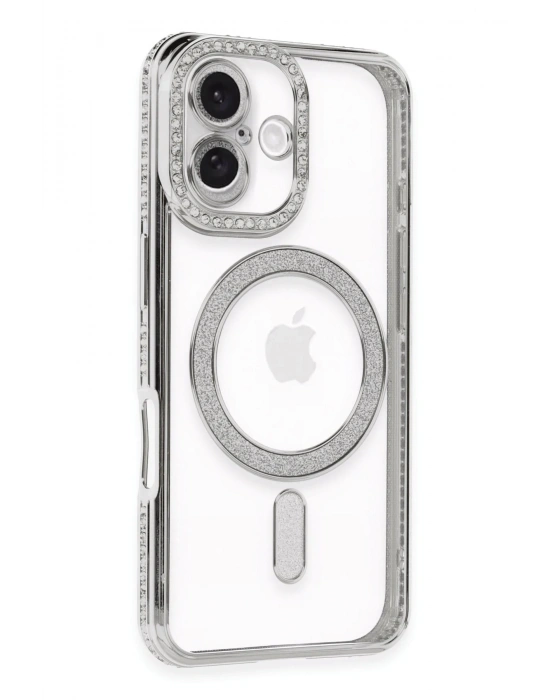Newface iPhone 16 Plus Kılıf Joke Simli Magneticsafe Kılıf - Gümüş