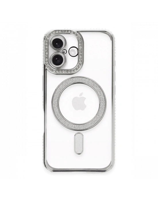 Newface iPhone 16 Plus Kılıf Joke Simli Magneticsafe Kılıf - Gümüş