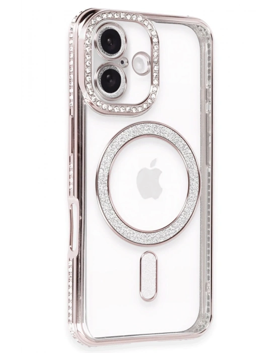 Newface iPhone 16 Plus Kılıf Joke Simli Magneticsafe Kılıf - Pembe