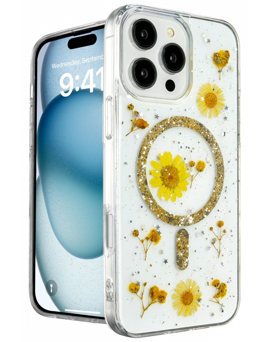 Newface iPhone 16 Pro Kılıf Daisy Simli Magsafe Kapak - Gold