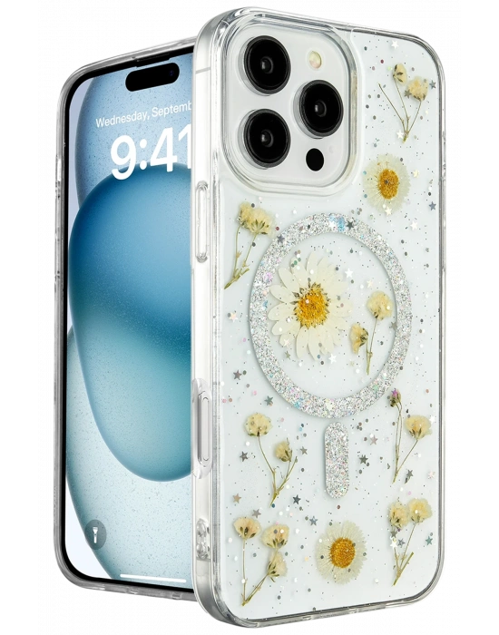 Newface iPhone 16 Pro Kılıf Daisy Simli Magsafe Kapak - Gümüş