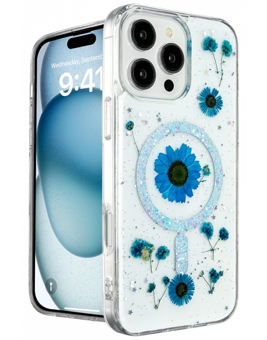 Newface iPhone 16 Pro Kılıf Daisy Simli Magsafe Kapak - Mavi