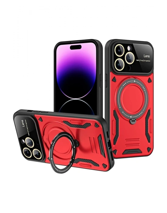 Newface iPhone 16 Pro Kılıf Joy Lens Standlı Kapak - Kırmızı