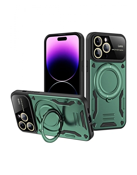 Newface iPhone 16 Pro Kılıf Joy Lens Standlı Kapak - Koyu Yeşil