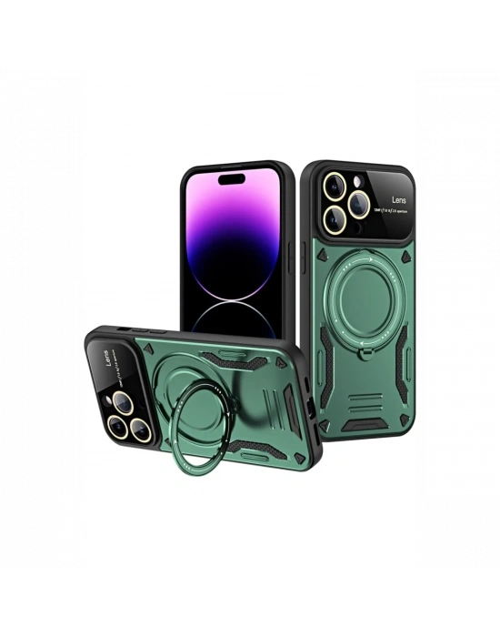 Newface iPhone 16 Pro Kılıf Joy Lens Standlı Kapak - Koyu Yeşil