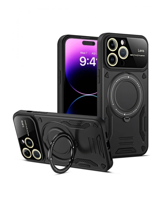 Newface iPhone 16 Pro Kılıf Joy Lens Standlı Kapak - Siyah