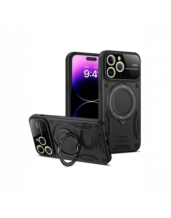 Newface iPhone 16 Pro Kılıf Joy Lens Standlı Kapak - Siyah