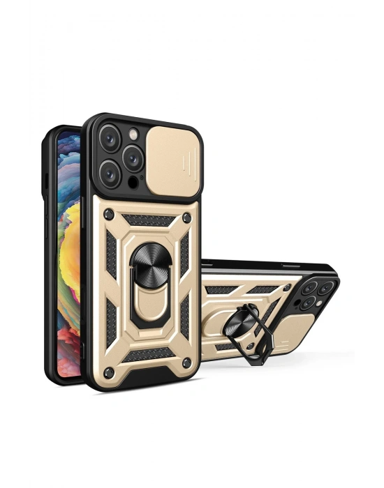 Newface iPhone 16 Pro Kılıf Pars Lens Yüzüklü Silikon - Gold