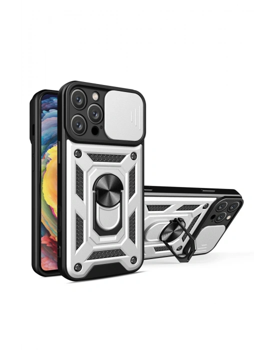 Newface iPhone 16 Pro Kılıf Pars Lens Yüzüklü Silikon - Gümüş