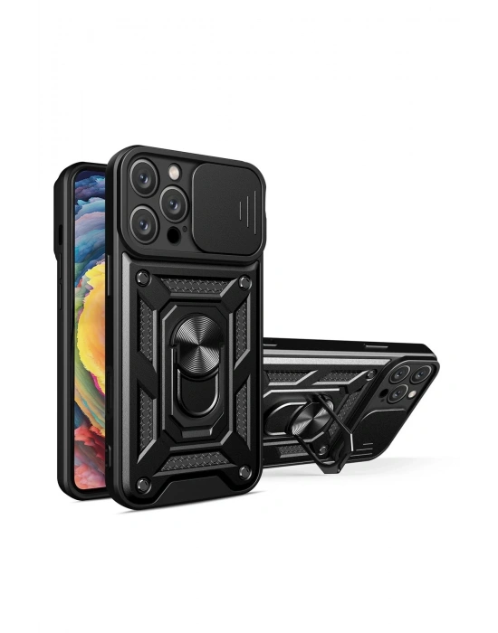 Newface iPhone 16 Pro Kılıf Pars Lens Yüzüklü Silikon - Siyah