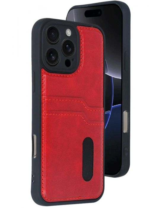 Newface iPhone 16 Pro Kılıf Sara Kartvizitli Deri Kılıf - Kırmızı