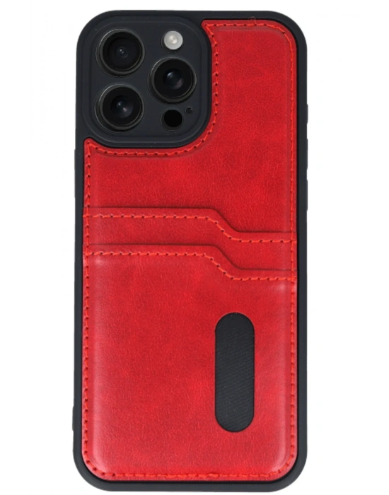 Newface iPhone 16 Pro Kılıf Sara Kartvizitli Deri Kılıf - Kırmızı