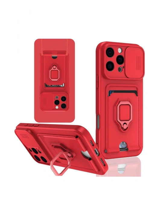Newface iPhone 16 Pro Kılıf Zuma Kartvizitli Yüzüklü Silikon - Kırmızı