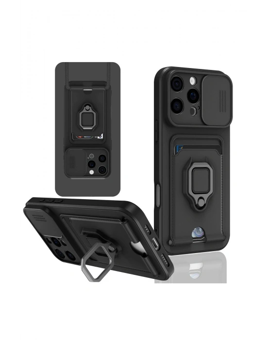 Newface iPhone 16 Pro Kılıf Zuma Kartvizitli Yüzüklü Silikon - Siyah