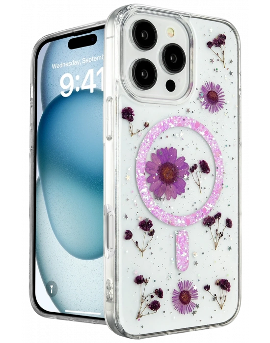 Newface iPhone 16 Pro Max Kılıf Daisy Simli Magsafe Kapak - Mor