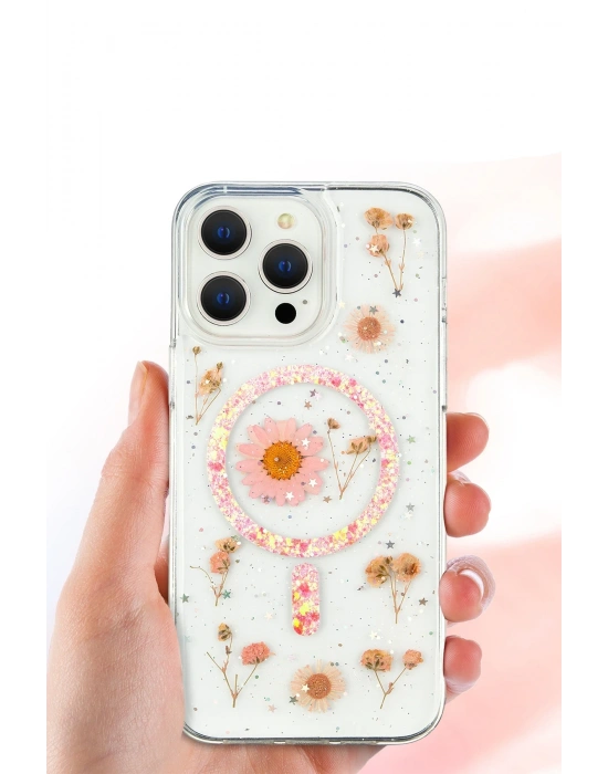 Newface iPhone 16 Pro Max Kılıf Daisy Simli Magsafe Kapak - Mor