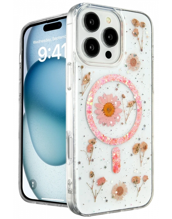 Newface iPhone 16 Pro Max Kılıf Daisy Simli Magsafe Kapak - Pembe