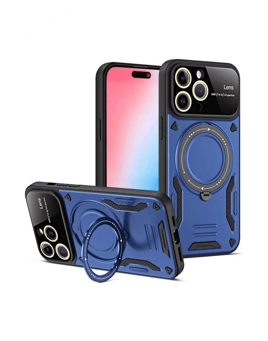 Newface iPhone 16 Pro Max Kılıf Joy Lens Standlı Kapak - Lacivert