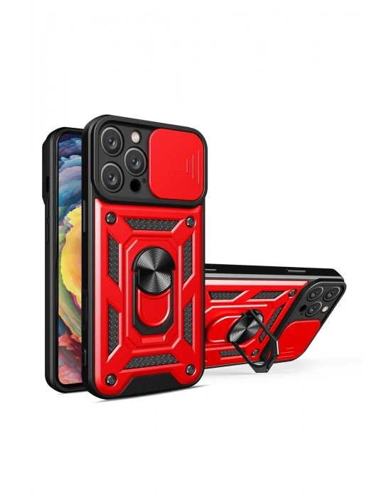 Newface iPhone 16 Pro Max Kılıf Pars Lens Yüzüklü Silikon - Kırmızı