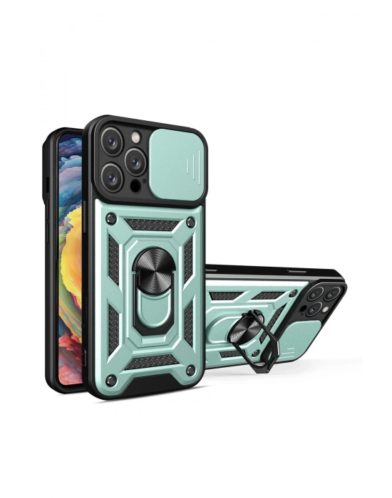 Newface iPhone 16 Pro Max Kılıf Pars Lens Yüzüklü Silikon - Yeşil