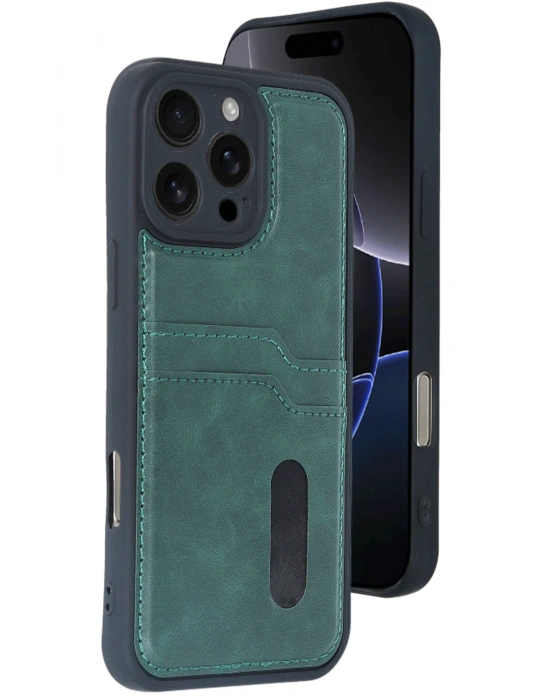 Newface iPhone 16 Pro Max Kılıf Sara Kartvizitli Deri Kılıf - Koyu Yeşil