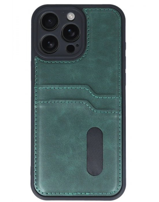 Newface iPhone 16 Pro Max Kılıf Sara Kartvizitli Deri Kılıf - Koyu Yeşil