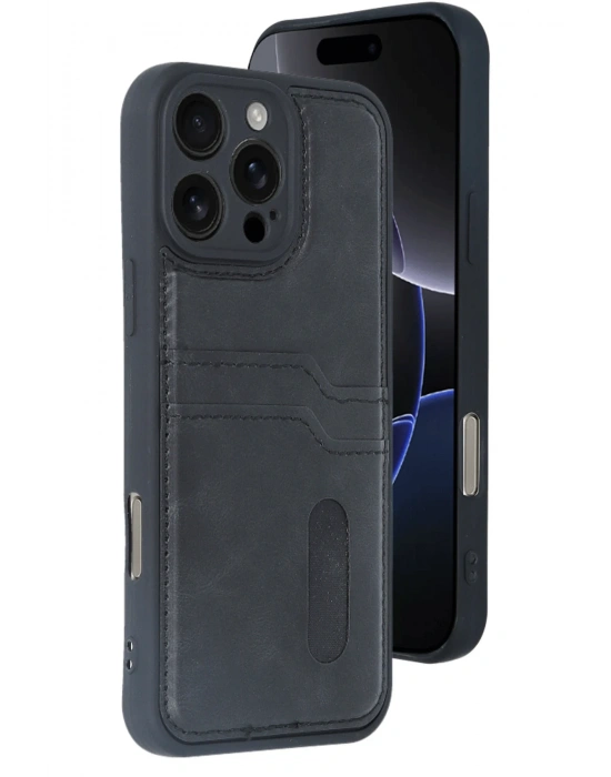 Newface iPhone 16 Pro Max Kılıf Sara Kartvizitli Deri Kılıf - Siyah