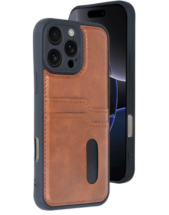 Newface iPhone 16 Pro Max Kılıf Sara Kartvizitli Deri Kılıf - Taba