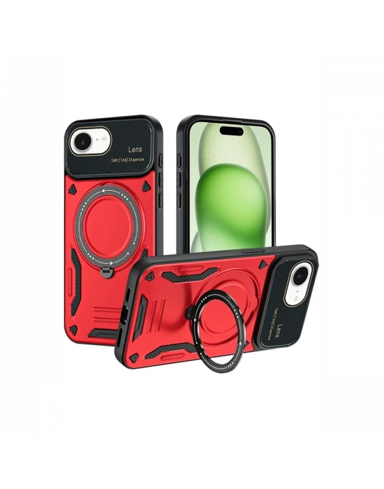 Newface iPhone 16E Kılıf Joy Lens Standlı Kapak - Kırmızı