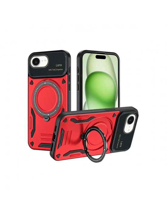 Newface iPhone 16E Kılıf Joy Lens Standlı Kapak - Kırmızı