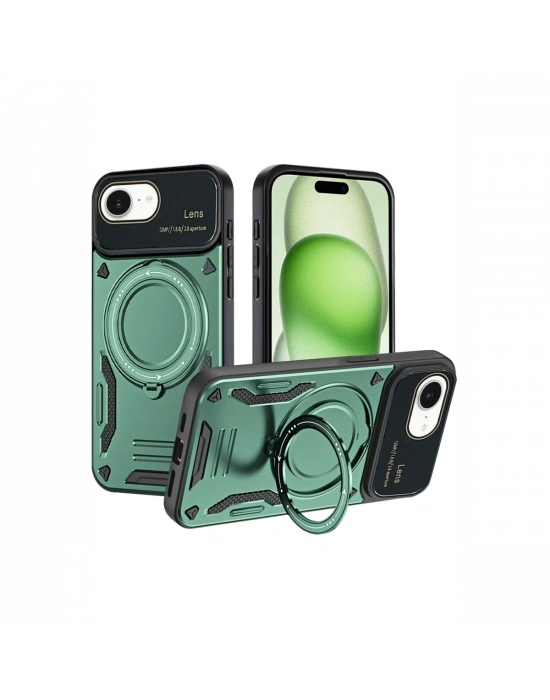 Newface iPhone 16E Kılıf Joy Lens Standlı Kapak - Koyu Yeşil