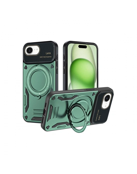 Newface iPhone 16E Kılıf Joy Lens Standlı Kapak - Koyu Yeşil