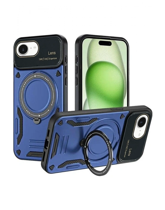 Newface iPhone 16E Kılıf Joy Lens Standlı Kapak - Lacivert