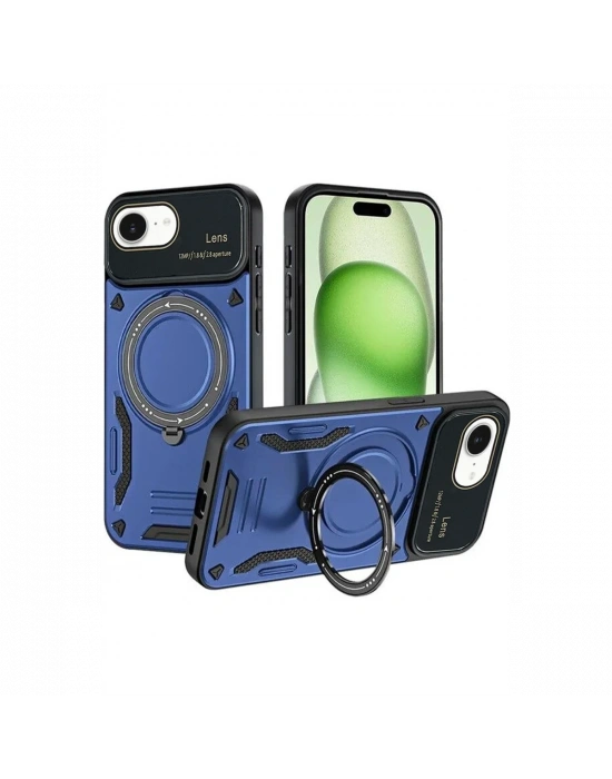 Newface iPhone 16E Kılıf Joy Lens Standlı Kapak - Lacivert