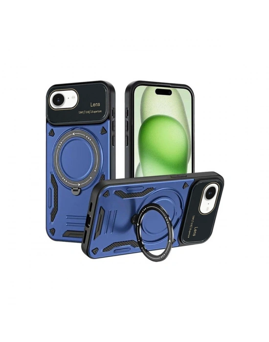 Newface iPhone 16E Kılıf Joy Lens Standlı Kapak - Lacivert