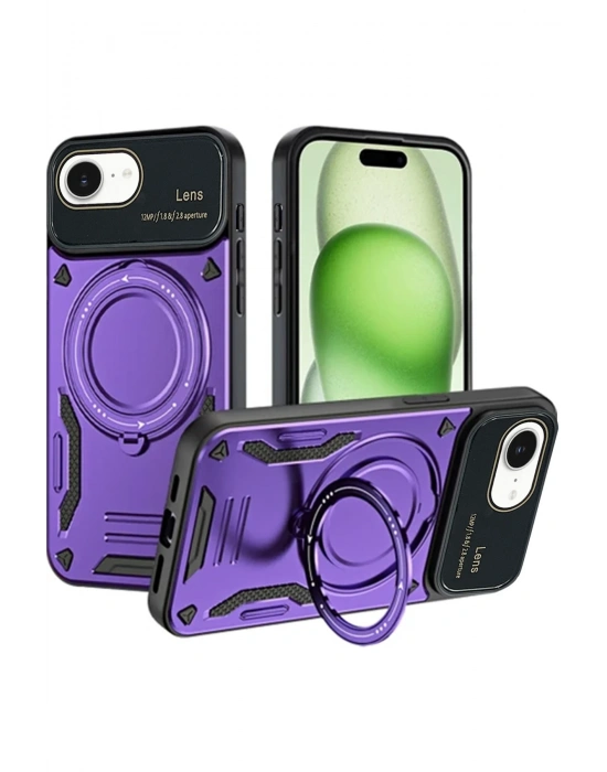 Newface iPhone 16E Kılıf Joy Lens Standlı Kapak - Mor