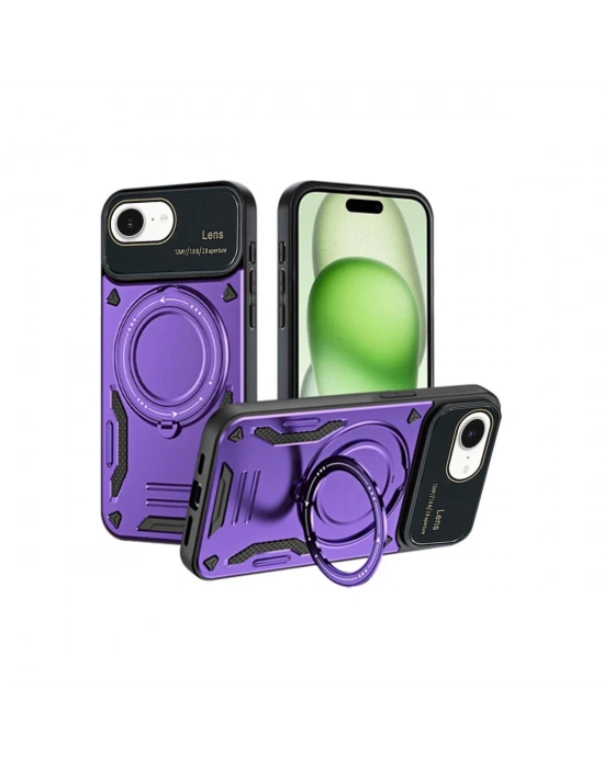 Newface iPhone 16E Kılıf Joy Lens Standlı Kapak - Mor