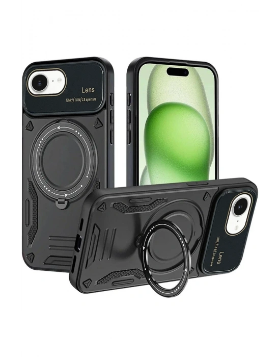 Newface iPhone 16E Kılıf Joy Lens Standlı Kapak - Siyah