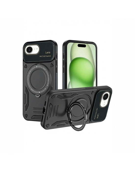 Newface iPhone 16E Kılıf Joy Lens Standlı Kapak - Siyah