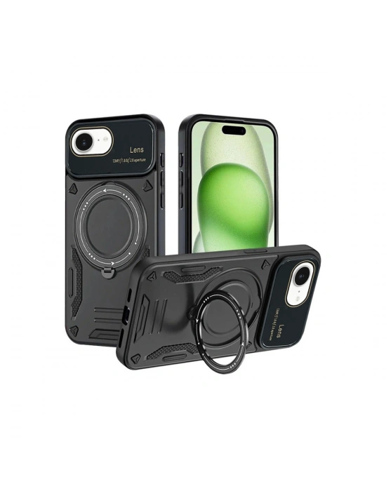 Newface iPhone 16E Kılıf Joy Lens Standlı Kapak - Siyah