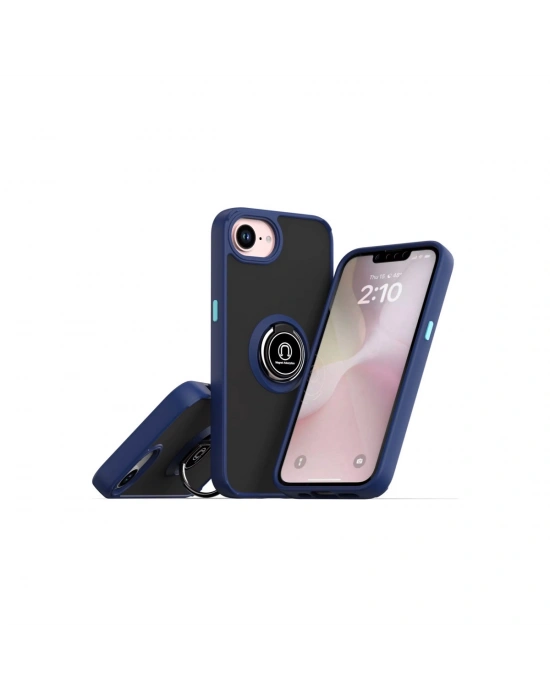 Newface iPhone 16E Kılıf Montreal Yüzüklü Silikon Kapak - Lacivert