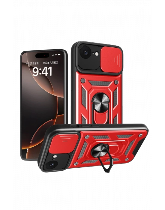 Newface iPhone 16E Kılıf Pars Lens Yüzüklü Silikon - Kırmızı