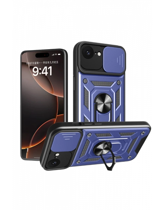 Newface iPhone 16E Kılıf Pars Lens Yüzüklü Silikon - Lacivert