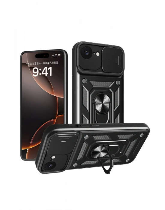 Newface iPhone 16E Kılıf Pars Lens Yüzüklü Silikon - Siyah