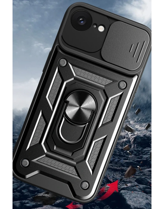 Newface iPhone 16E Kılıf Pars Lens Yüzüklü Silikon - Siyah