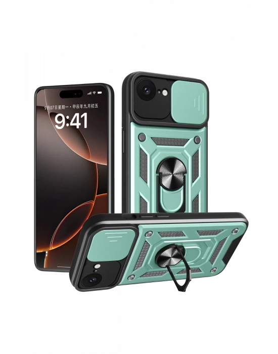 Newface iPhone 16E Kılıf Pars Lens Yüzüklü Silikon - Yeşil