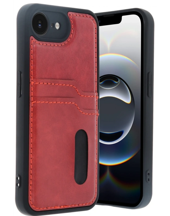 Newface iPhone 16E Kılıf Sara Kartvizitli Deri Kılıf - Kırmızı
