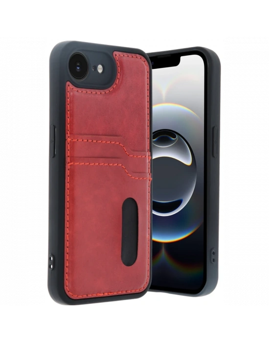 Newface iPhone 16E Kılıf Sara Kartvizitli Deri Kılıf - Kırmızı